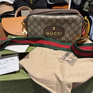 Gucci Brown GG Supreme Crossbody with Green-Red Web Strap
